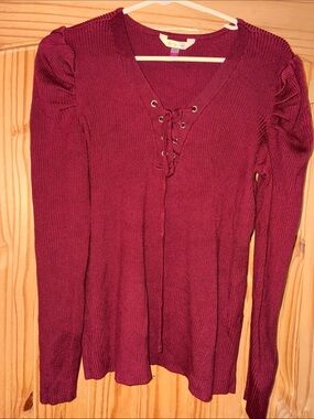 No Boundaries Burgundy Lace-Up V-Neck Ribbed Sweater juniors xl